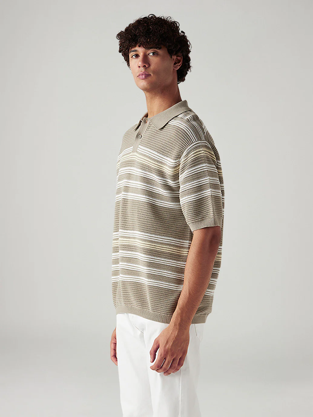 Men's Striped Taupe Loose Fit Polo T-shirt - Image 4