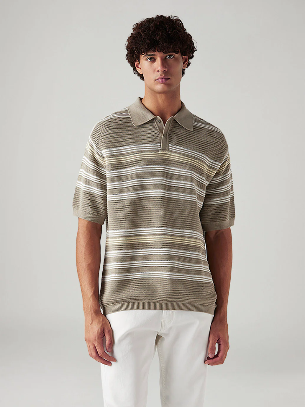 Men's Striped Taupe Loose Fit Polo T-shirt - Image 5