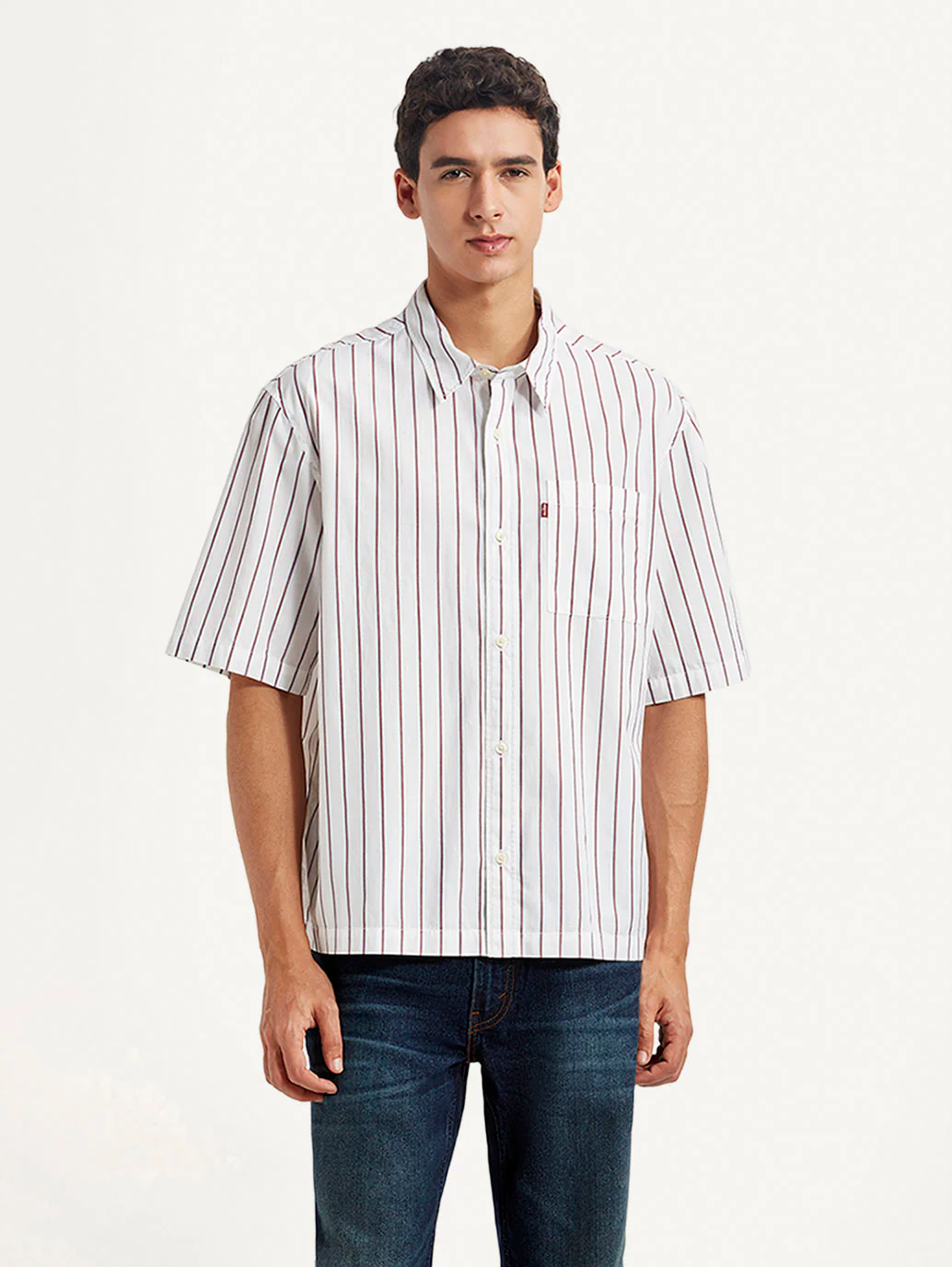 Men's Striped White Boxy Shirt - Image 2
