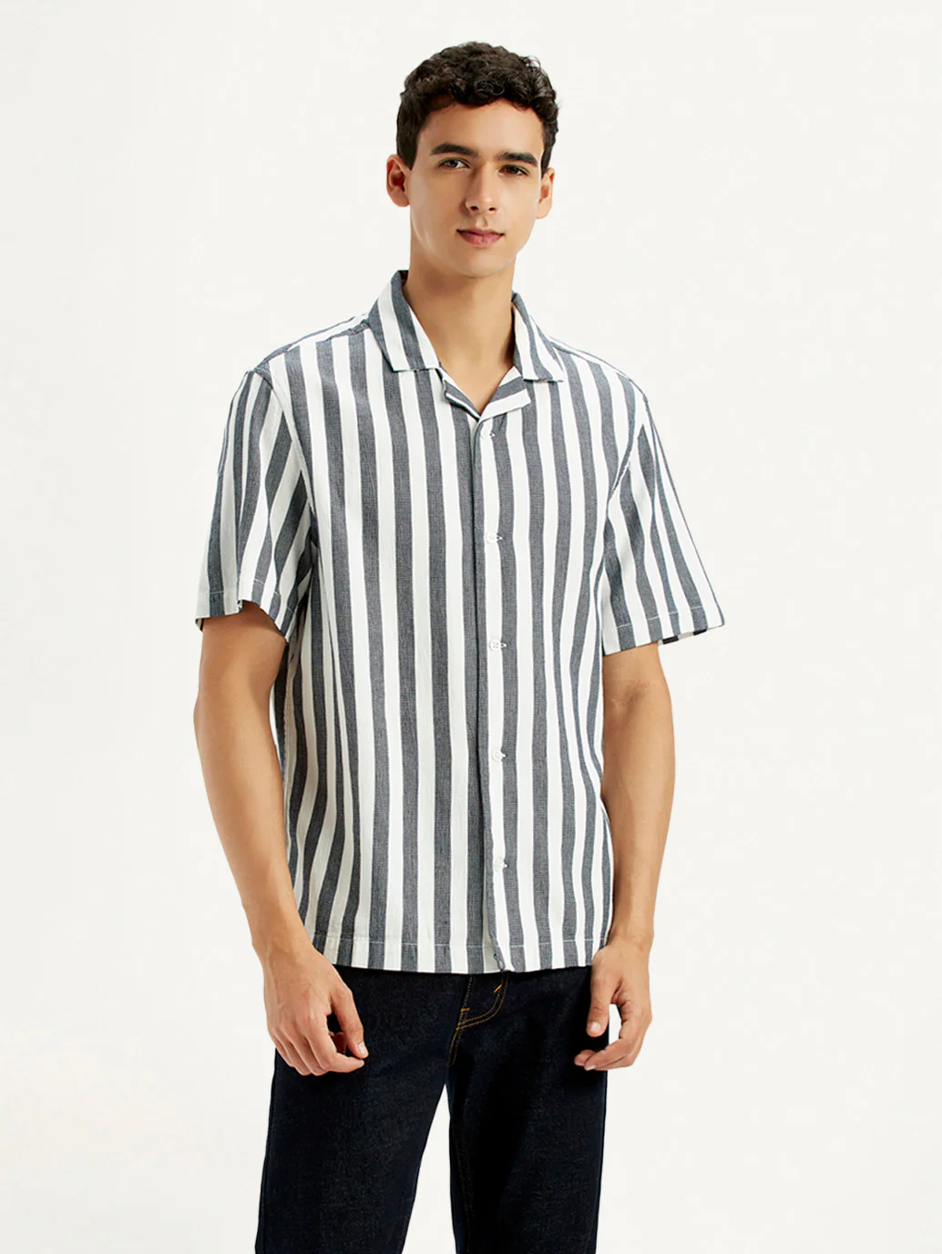 Men's Striped White Slim Fit Camp Shirt - Image 2