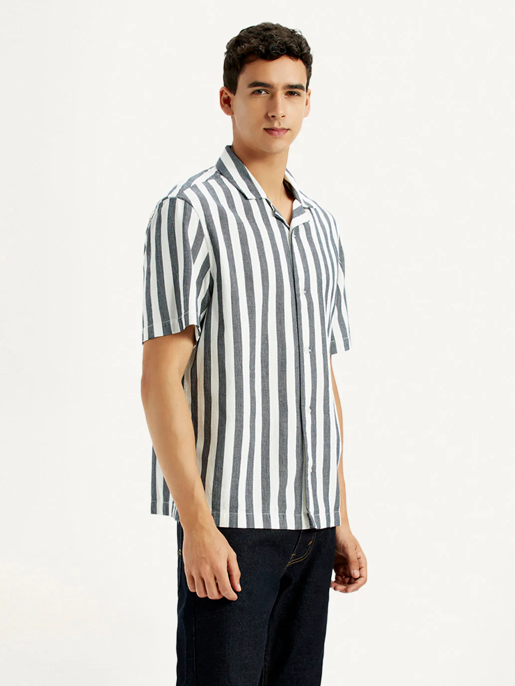 Men's Striped White Slim Fit Camp Shirt - Image 5