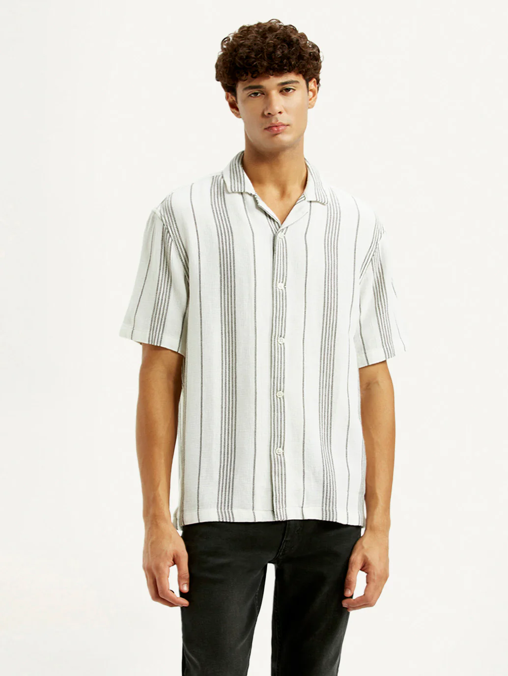 Men's Striped White Slim Fit Camp Shirt - Image 2