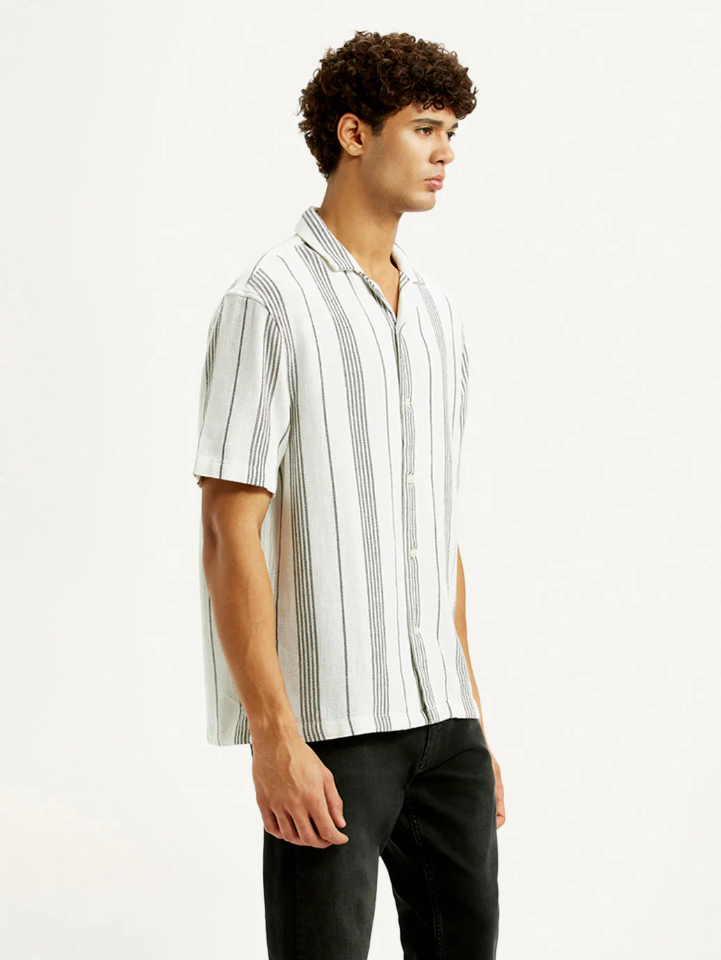 Men's Striped White Slim Fit Camp Shirt - Image 5