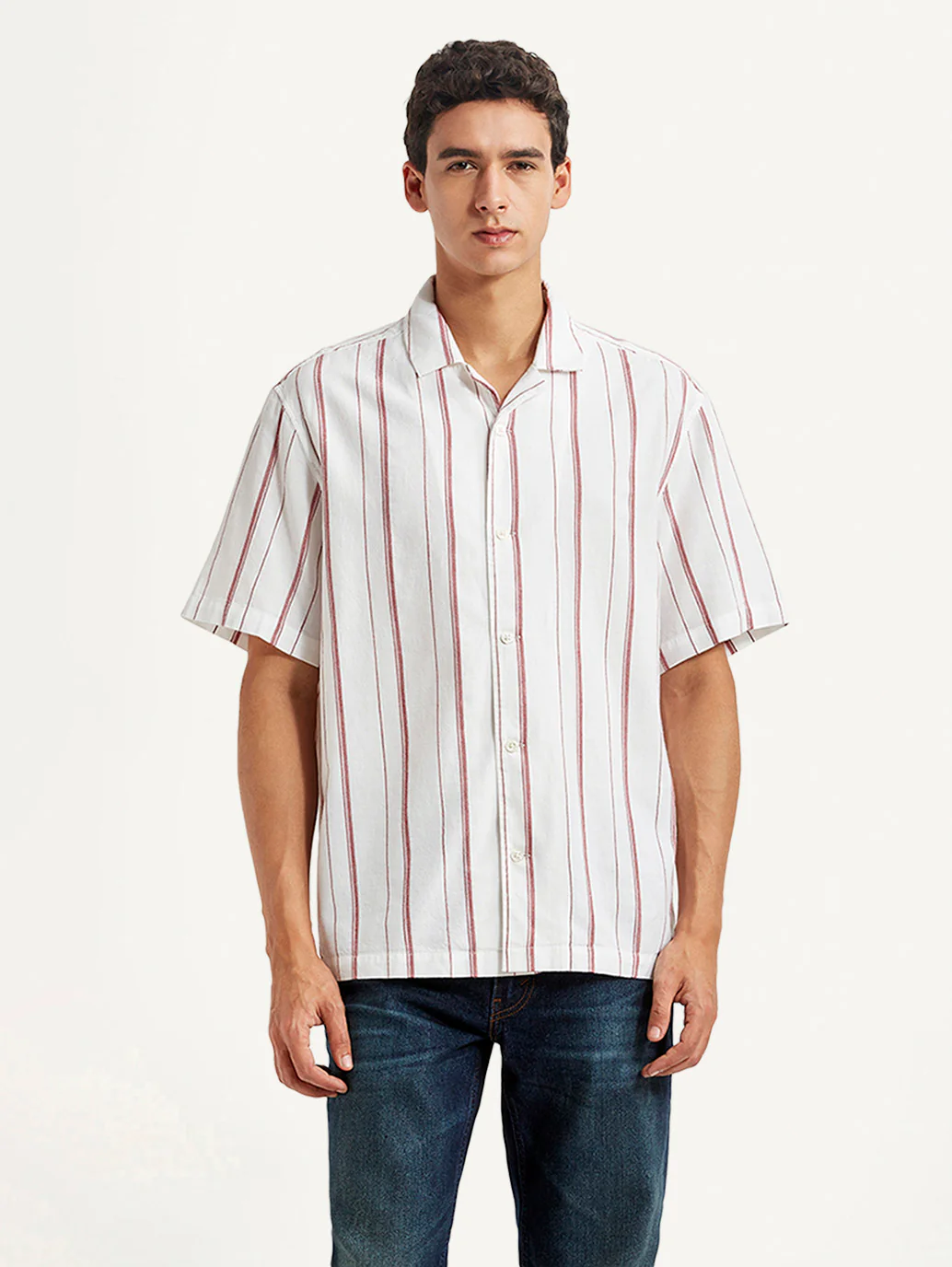 Men's Striped White Relaxed Fit Camp Shirt