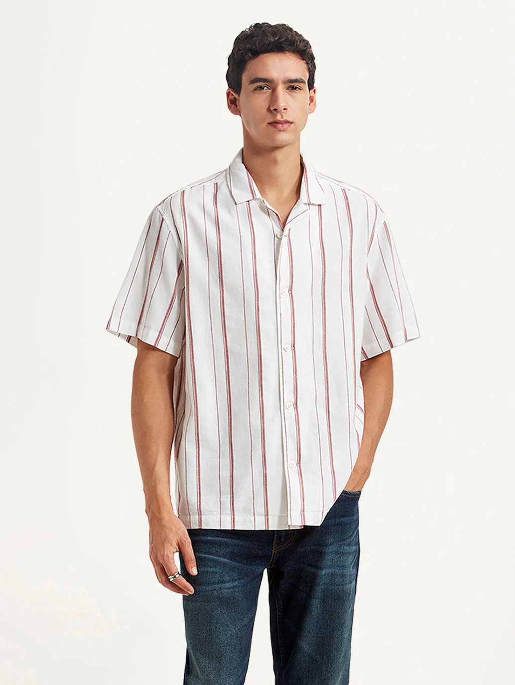 Men's Striped White Relaxed Fit Camp Shirt - Image 4