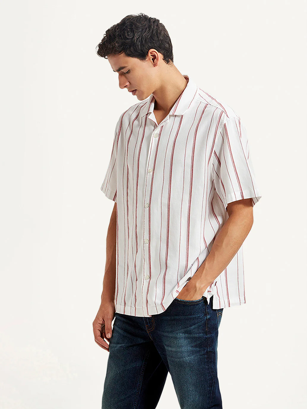 Men's Striped White Relaxed Fit Camp Shirt - Image 5