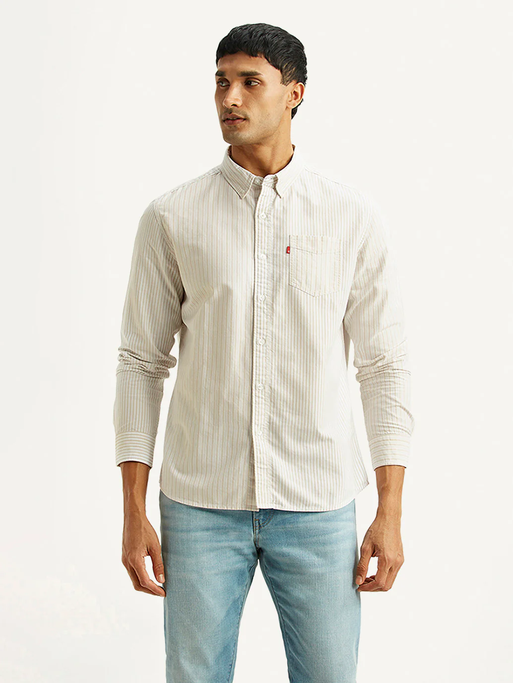 Men's Striped White Slim Fit Oxford Shirt - Image 5