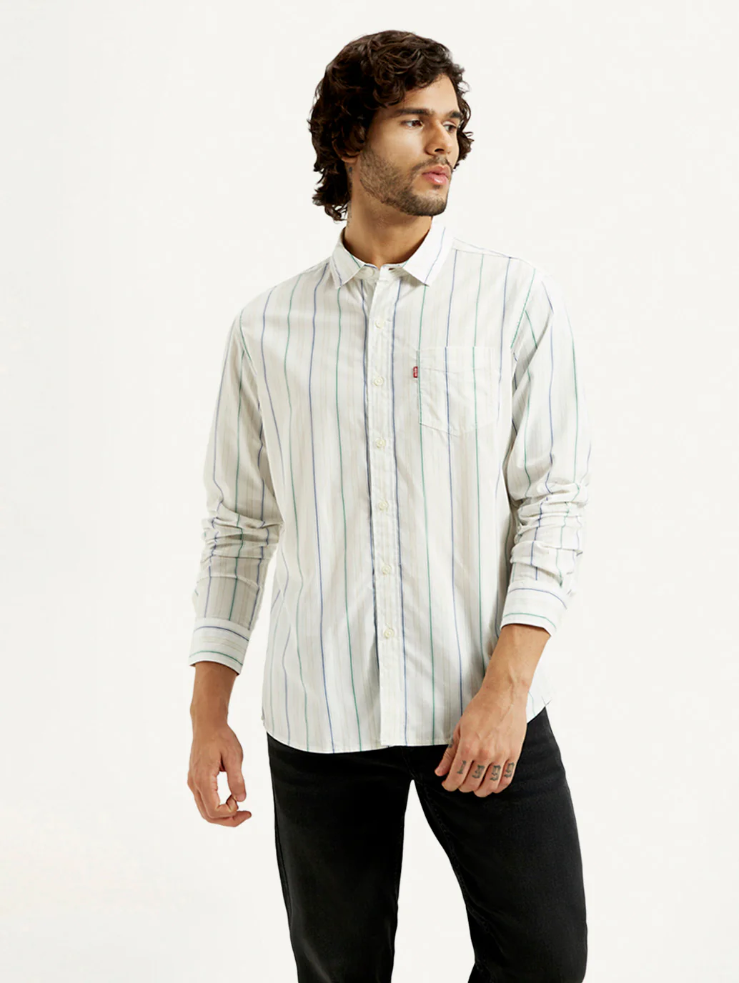 Men's Striped White Slim Fit Shirt - Image 2