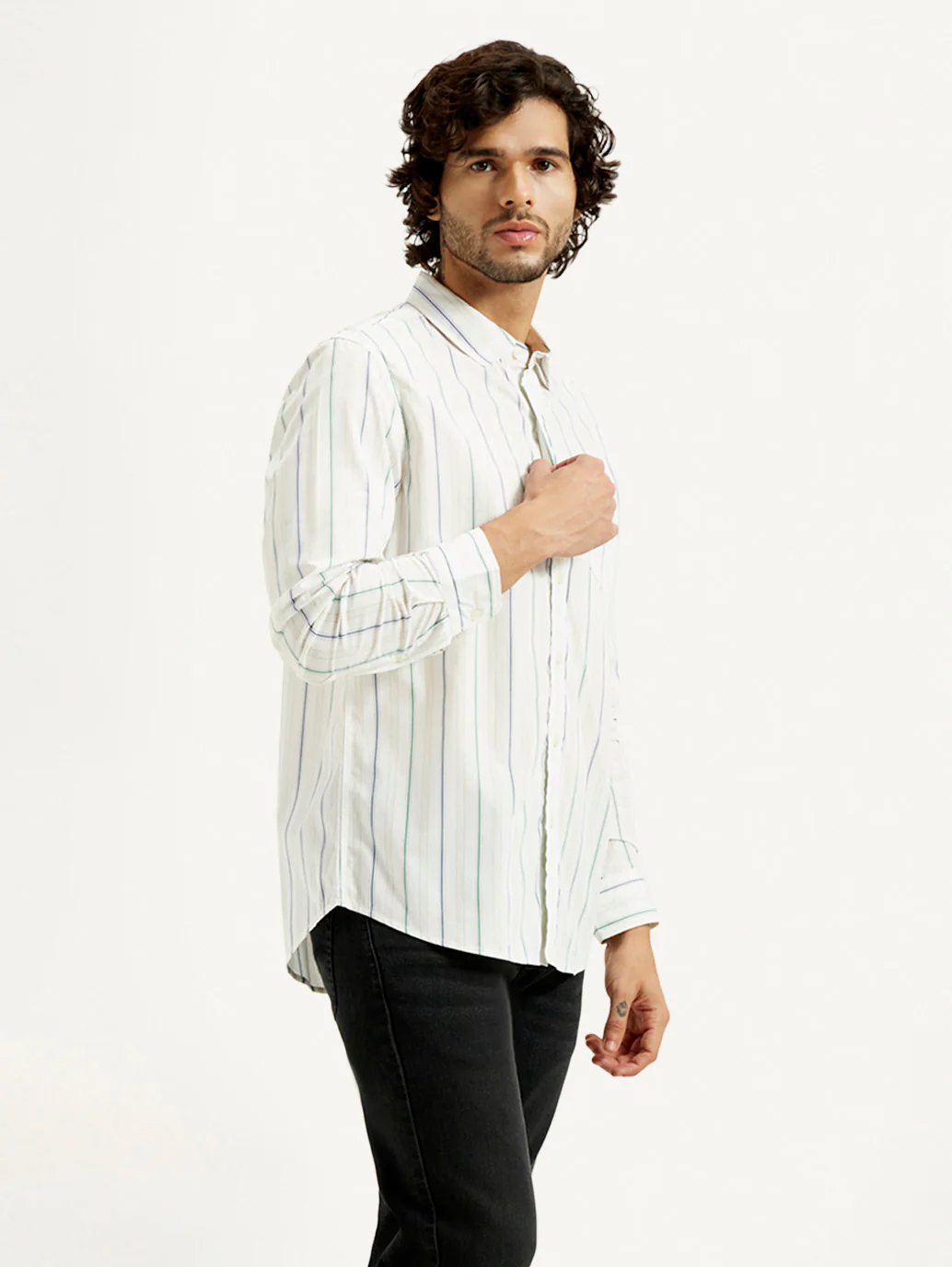 Men's Striped White Slim Fit Shirt - Image 5