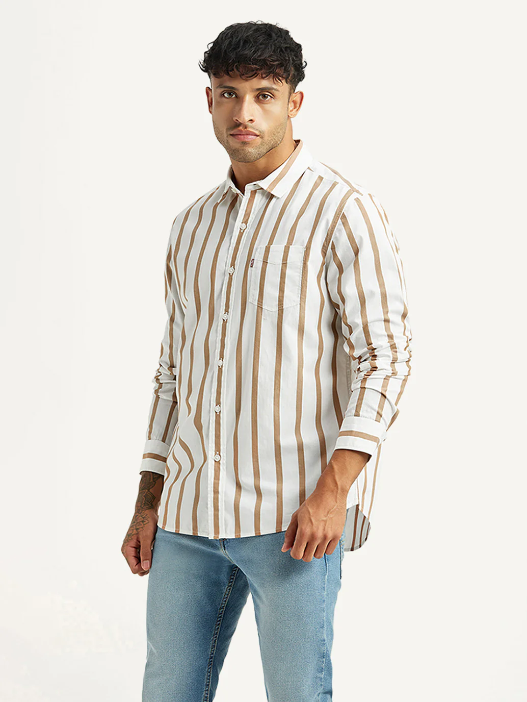 Men's Striped White Slim Fit Poplin Shirt - Image 3