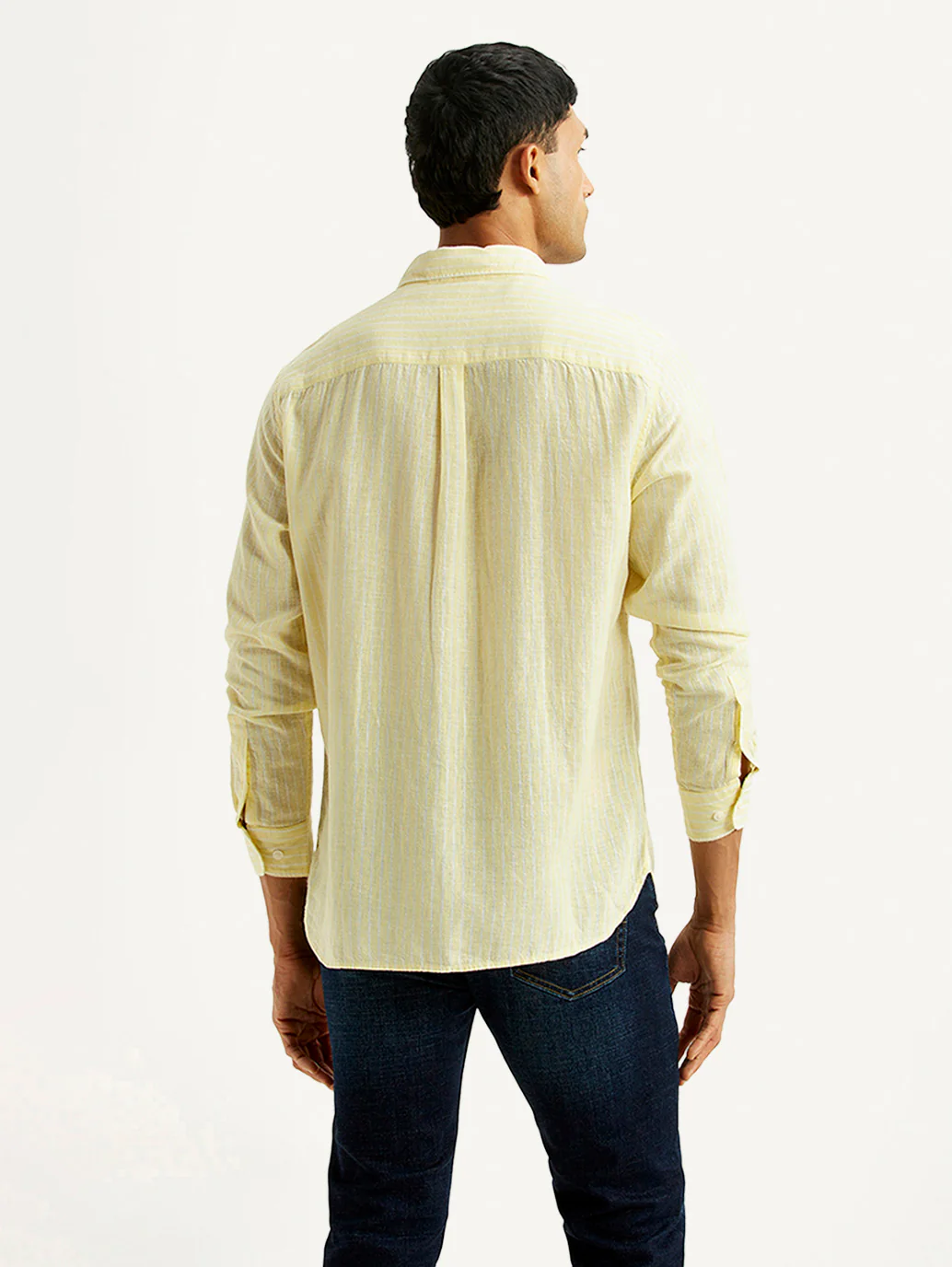Men's Striped Yellow Slim Fit Linen Shirt - Image 3