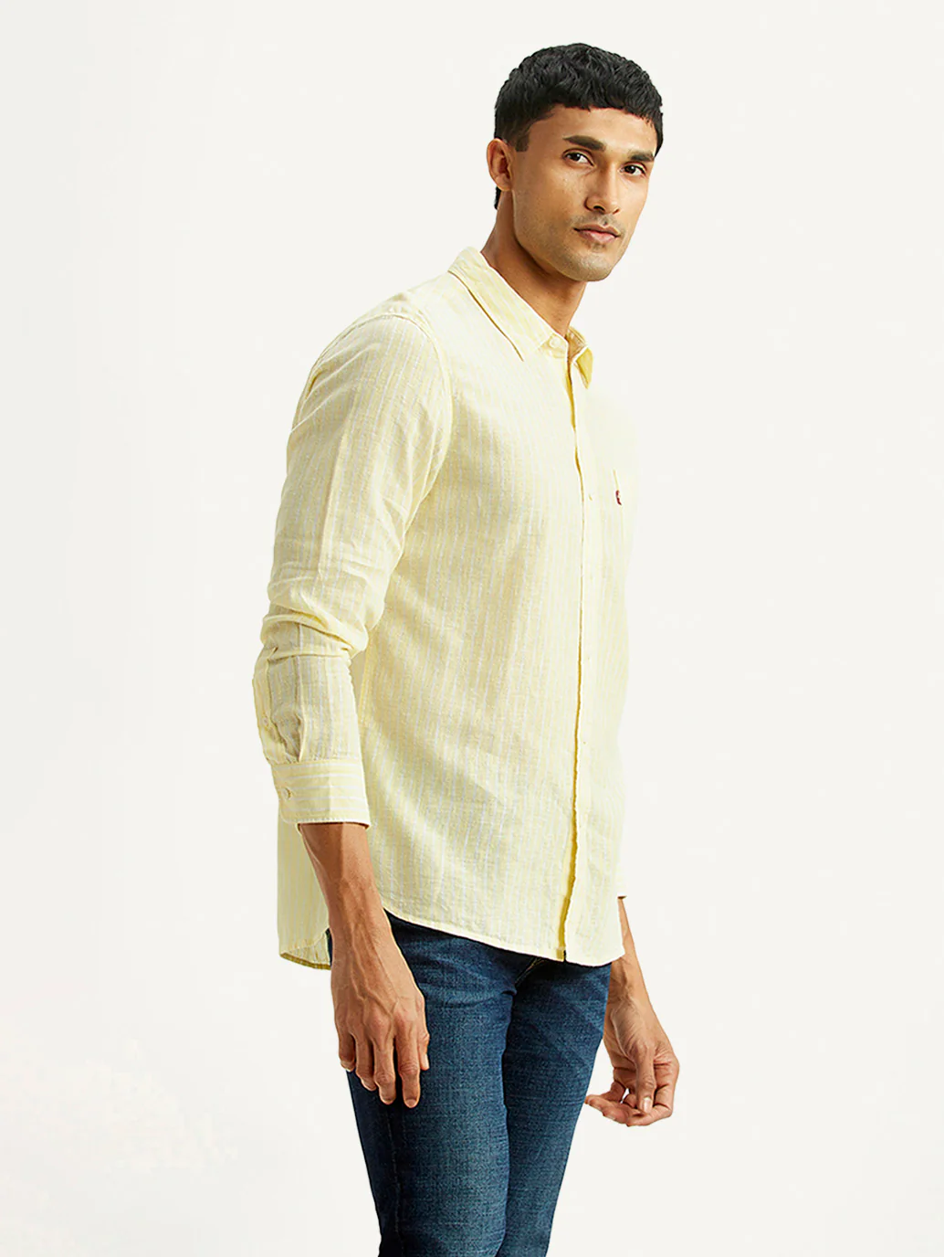 Men's Striped Yellow Slim Fit Linen Shirt - Image 4