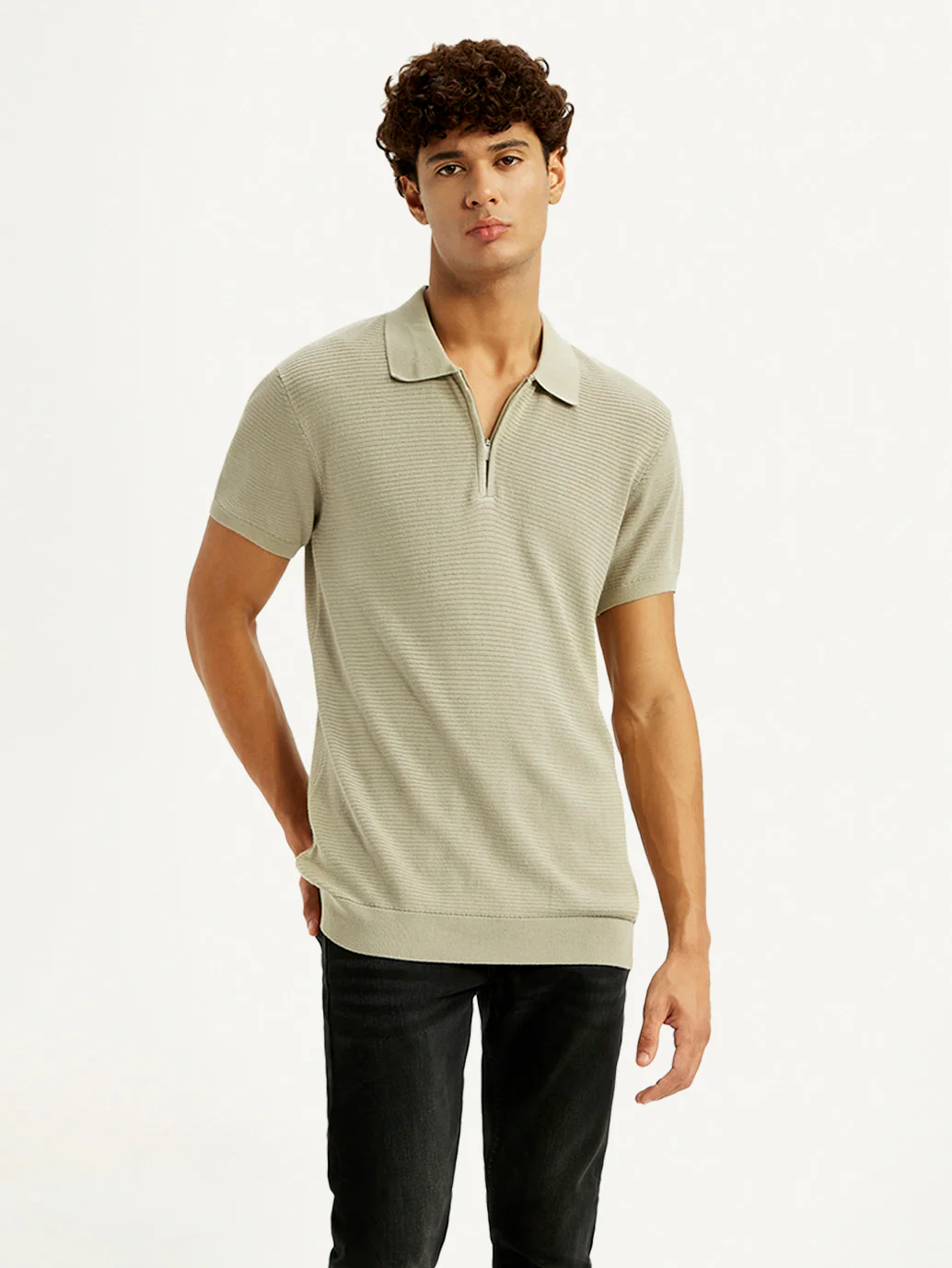 Men's Textured Beige Slim Fit Polo T-shirt - Image 2