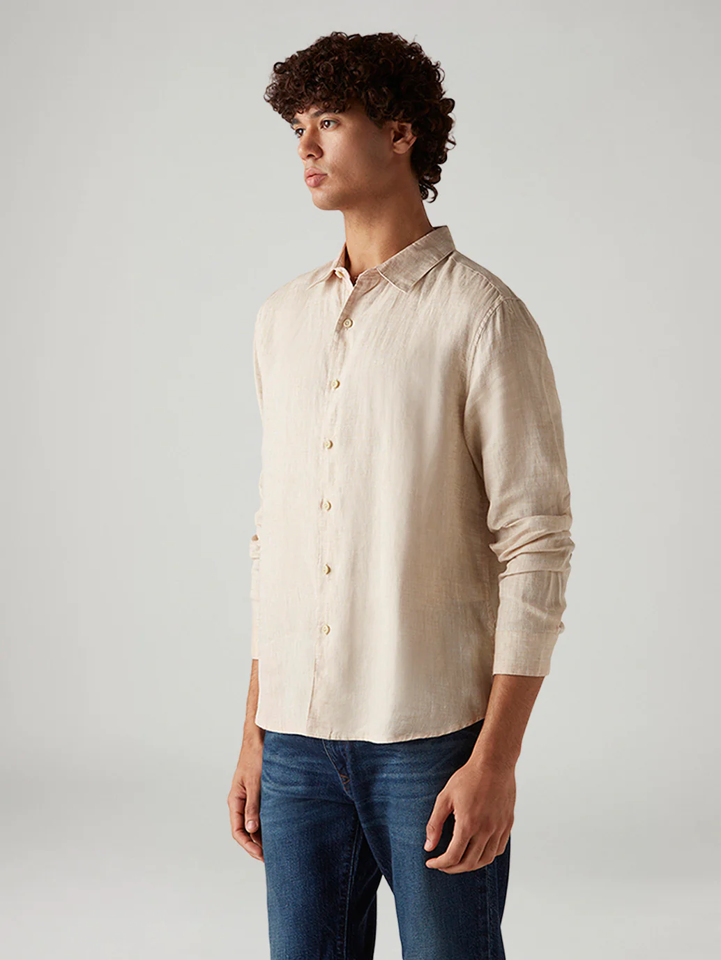 Men's Textured Beige Slim Fit Linen Shirt - Image 5