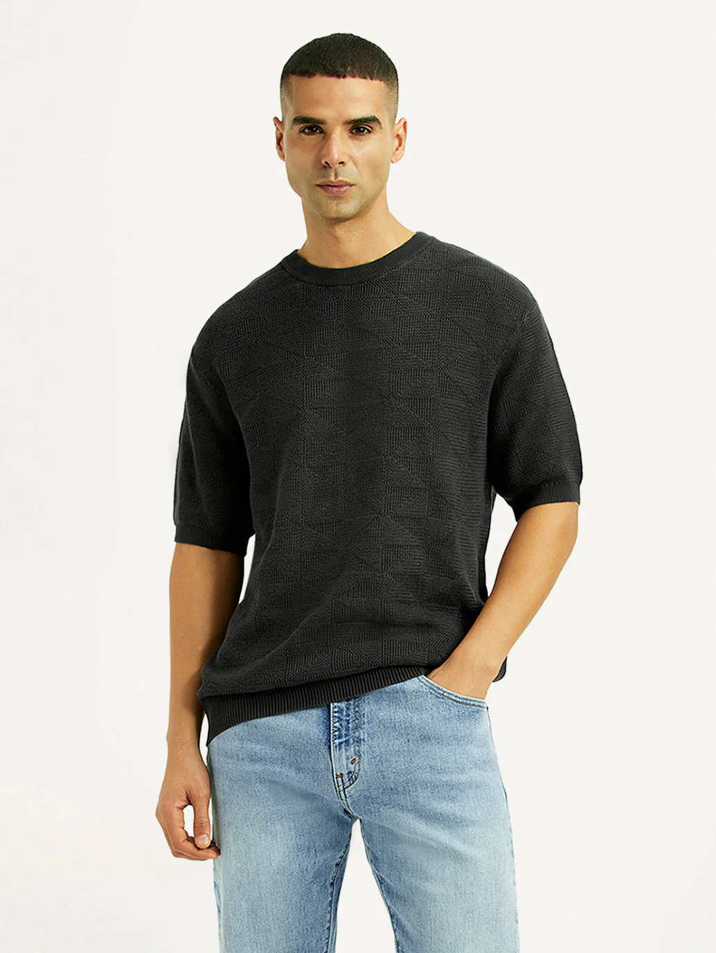 Men's Textured Black Loose Fit T-Shirt