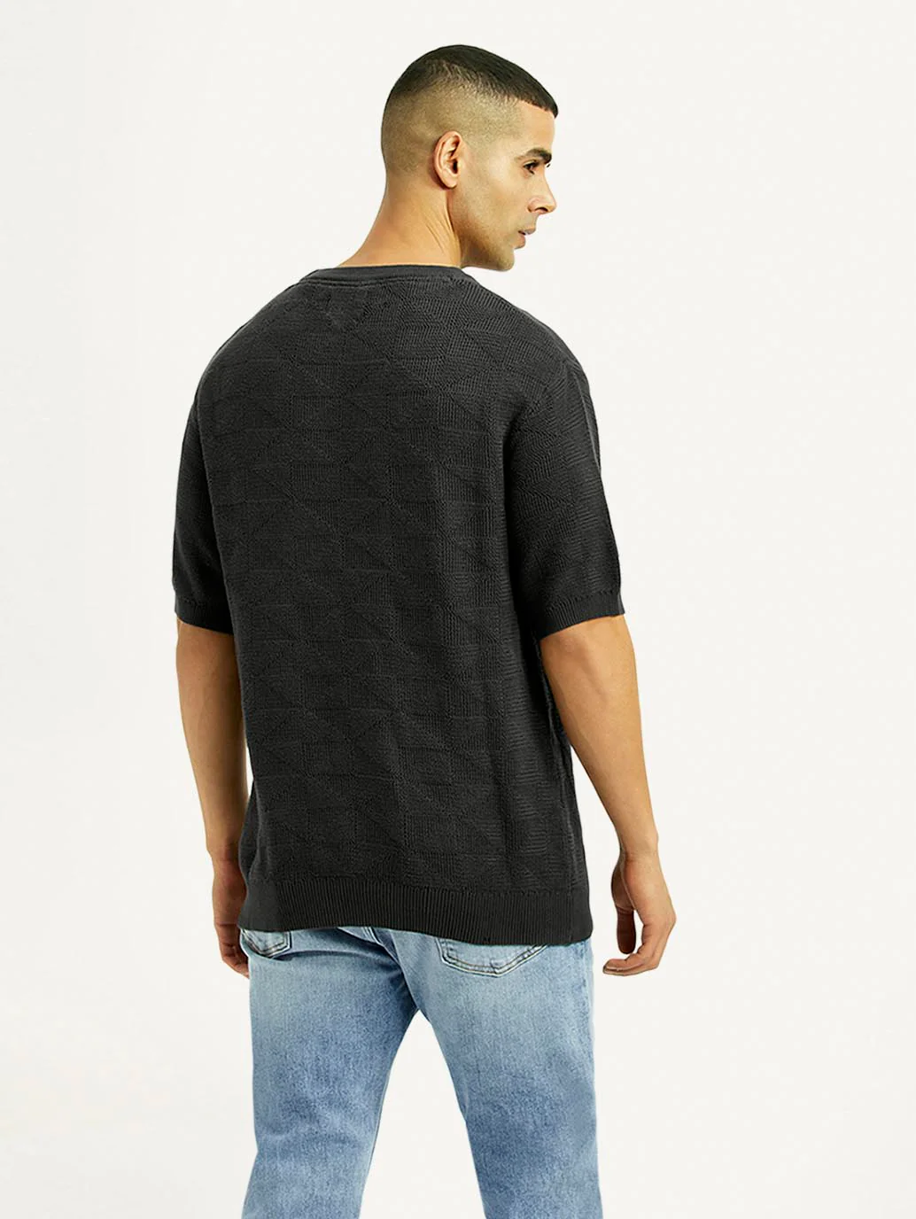 Men's Textured Black Loose Fit T-Shirt - Image 3