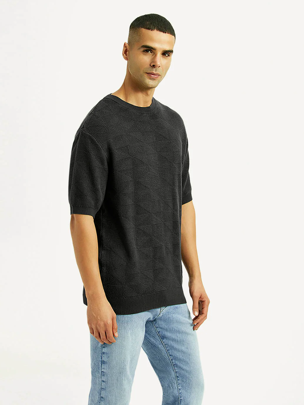 Men's Textured Black Loose Fit T-Shirt - Image 5