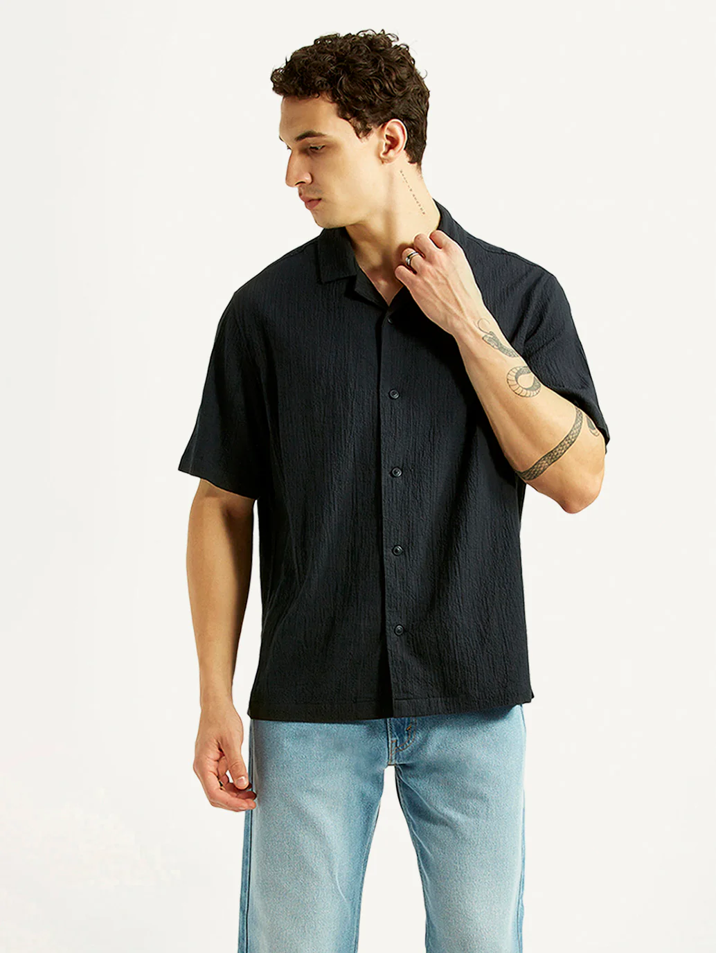 Men's Textured Black Relaxed Fit Camp Shirt