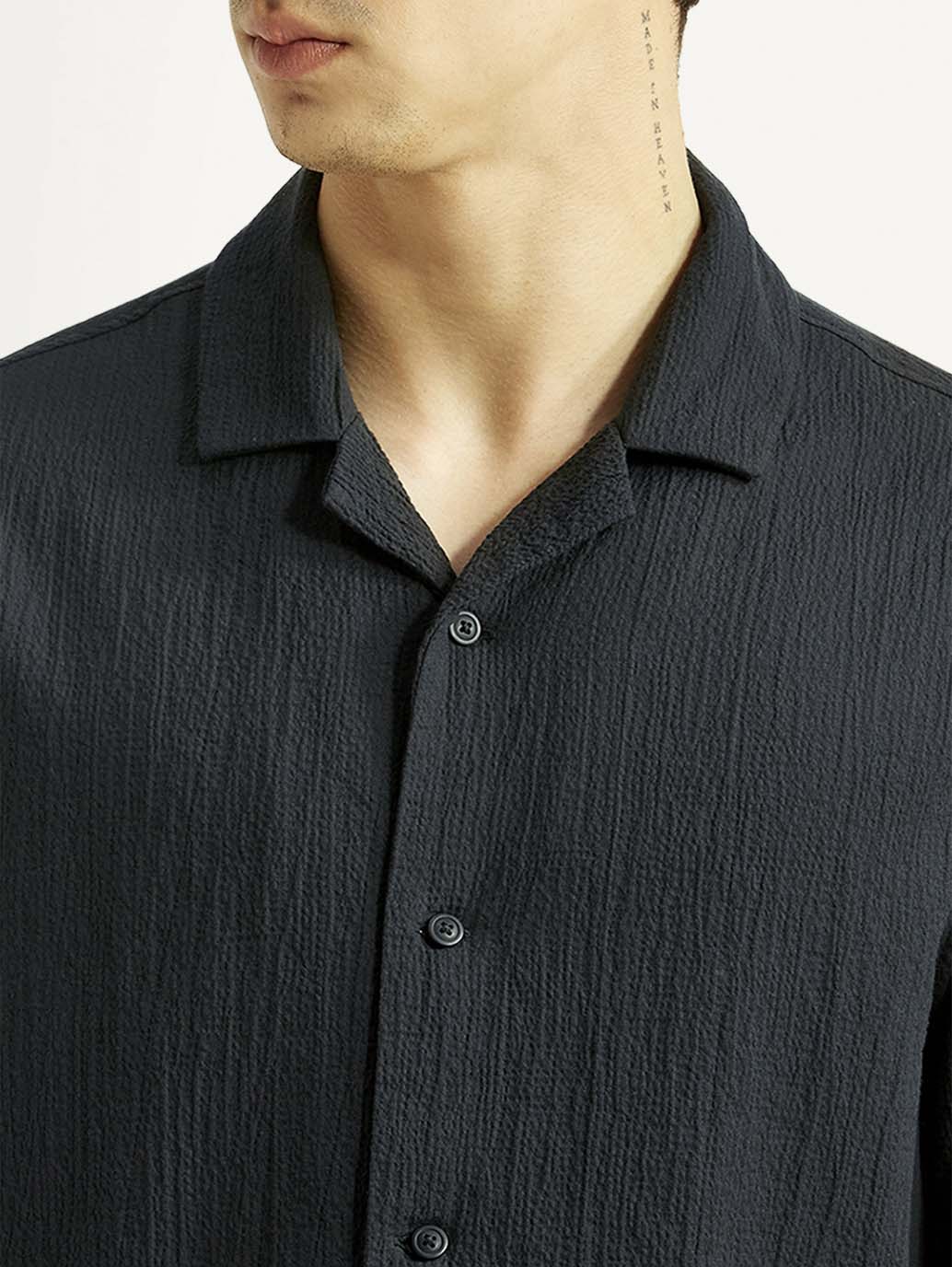Men's Textured Black Relaxed Fit Camp Shirt - Image 3