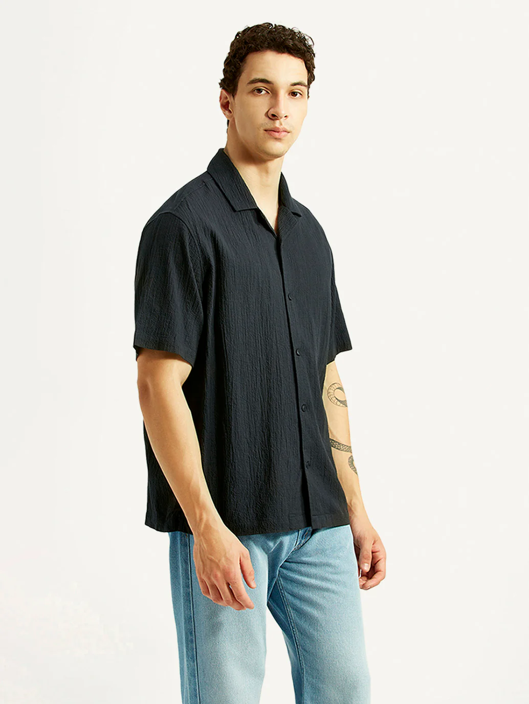 Men's Textured Black Relaxed Fit Camp Shirt - Image 4
