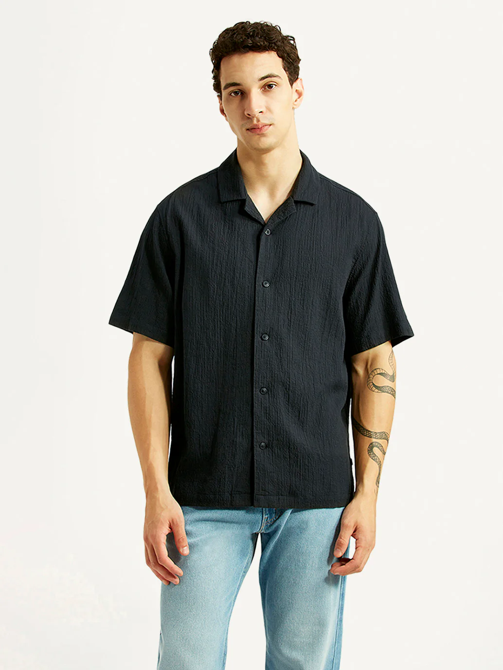 Men's Textured Black Relaxed Fit Camp Shirt - Image 5