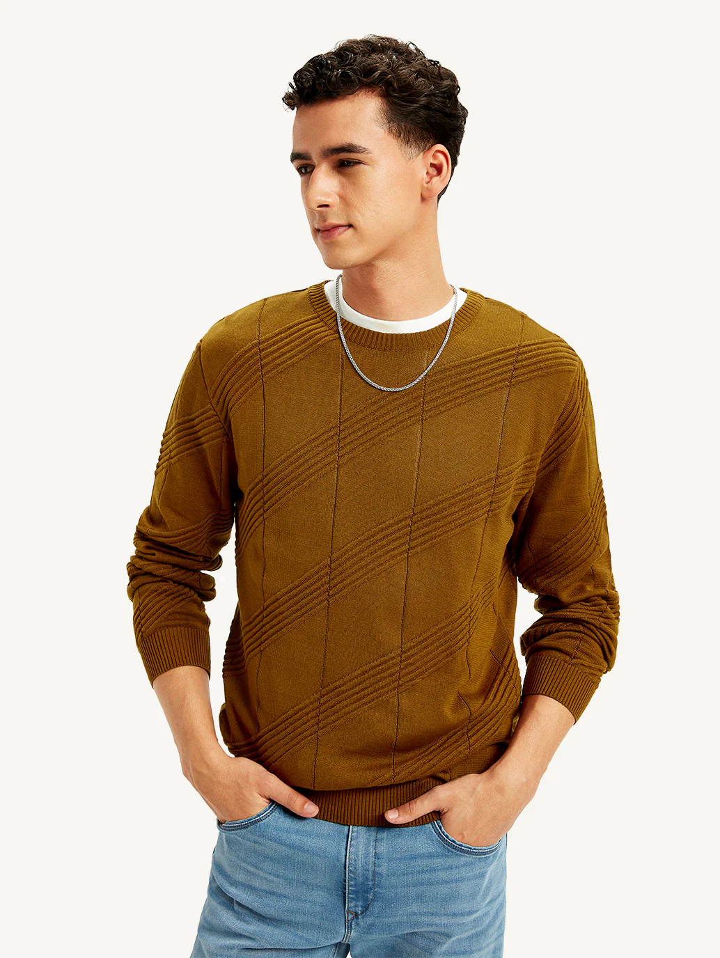 Men's Redloop Textured Brown Crew Neck Sweater