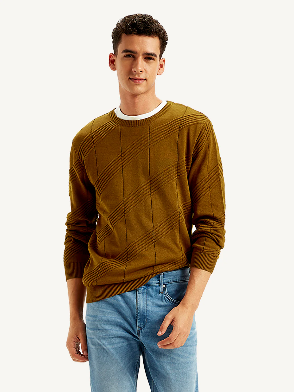 Men's Redloop Textured Brown Crew Neck Sweater - Image 2