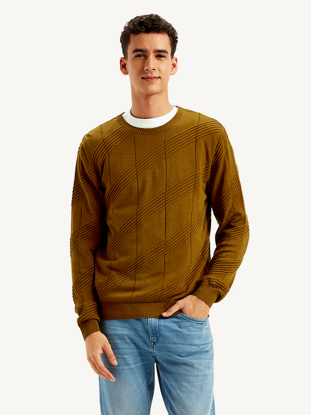 Men's Redloop Textured Brown Crew Neck Sweater - Image 5