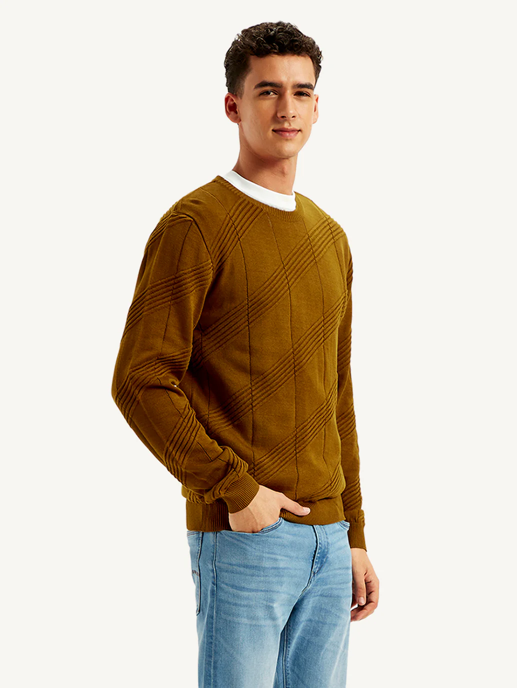 Men's Redloop Textured Brown Crew Neck Sweater - Image 6