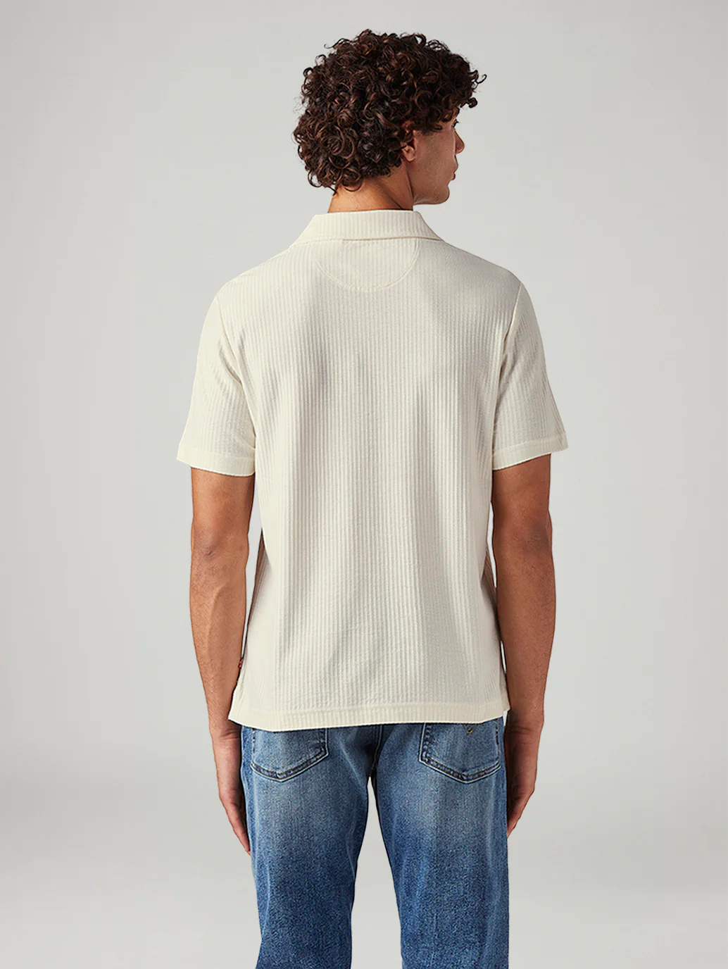 Men's Textured Cream Collar Neck Textured Polo T-shirt - Image 2