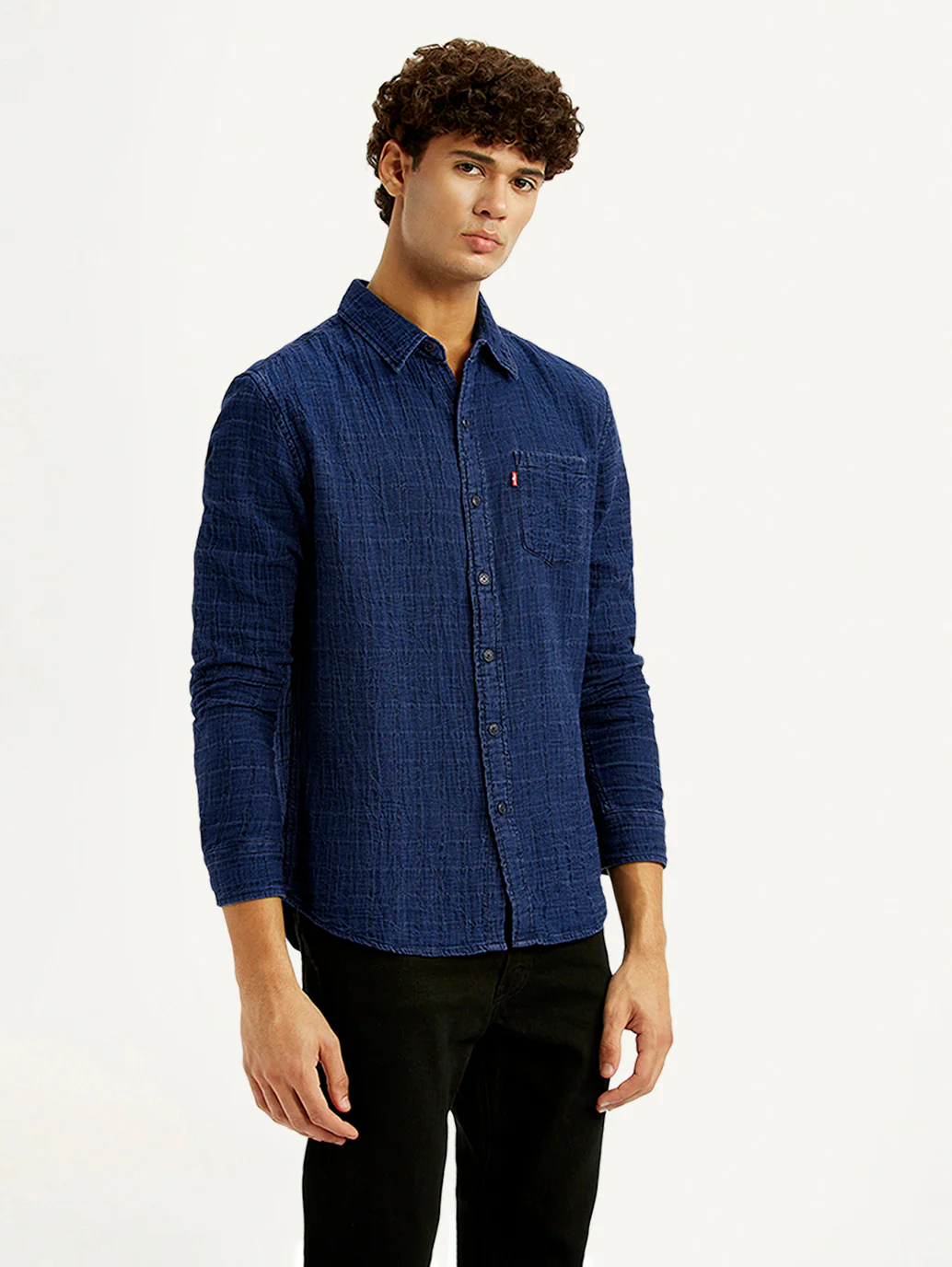 Men's Textured Dark Blue Slim Fit Shirt - Image 5