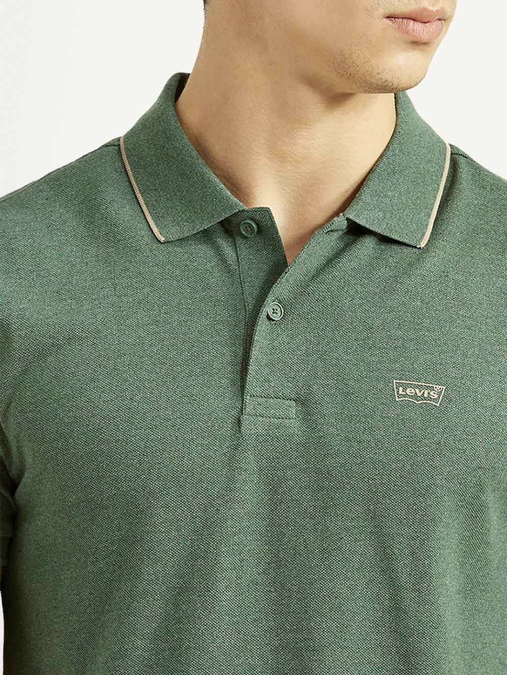 Men's Textured Green Slim Fit Polo T-shirt - Image 3