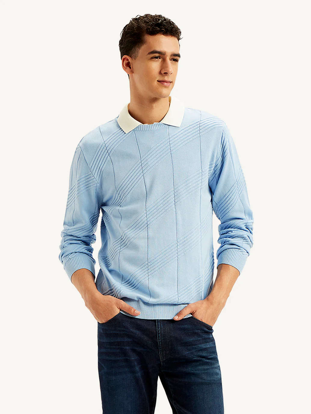 Men's Redloop Textured Light-Blue Crew Neck Sweater - Image 2