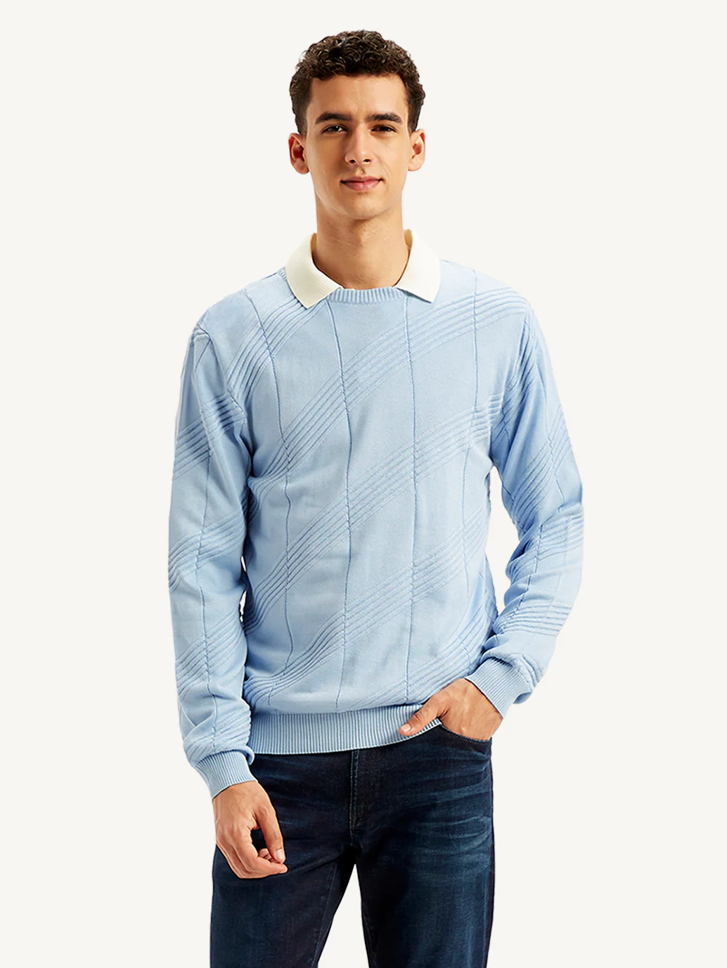 Men's Redloop Textured Light-Blue Crew Neck Sweater - Image 3