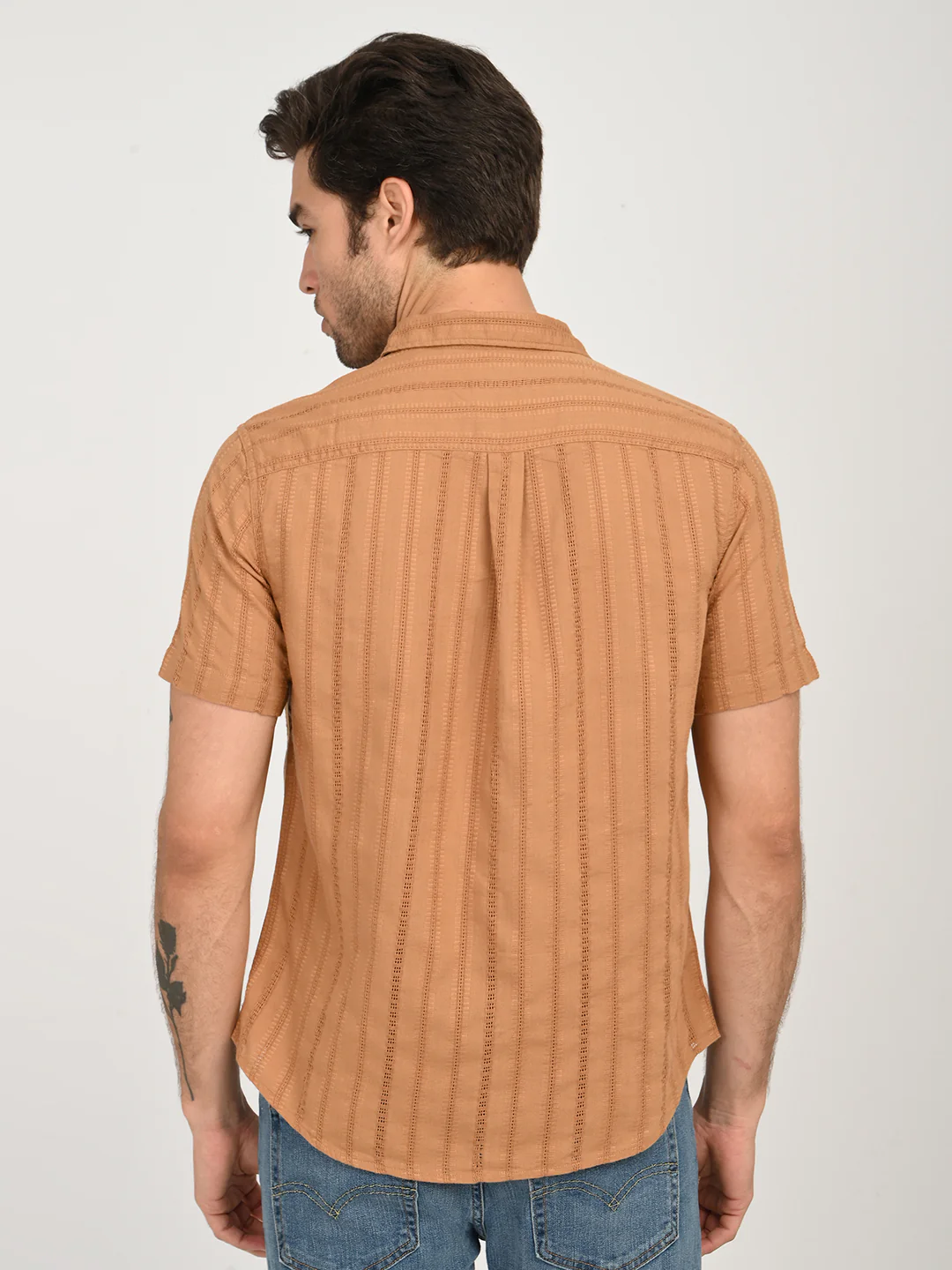 Men's Textured Light Brown Slim Fit Shirt - Image 2