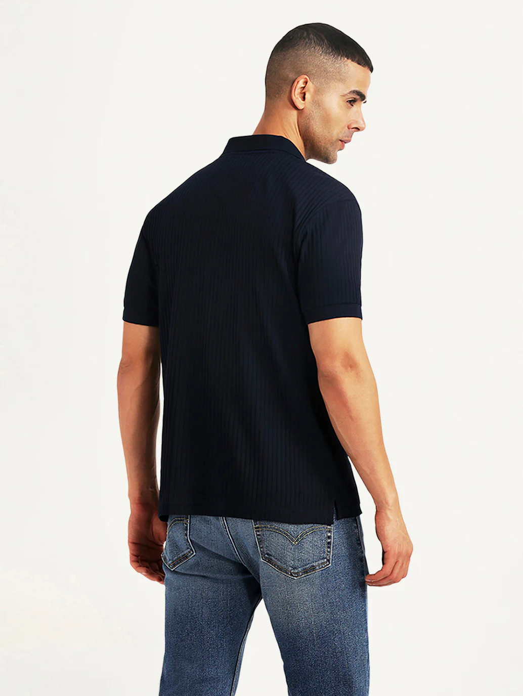 Men's Textured Navy Slim Fit Polo T-shirt - Image 2