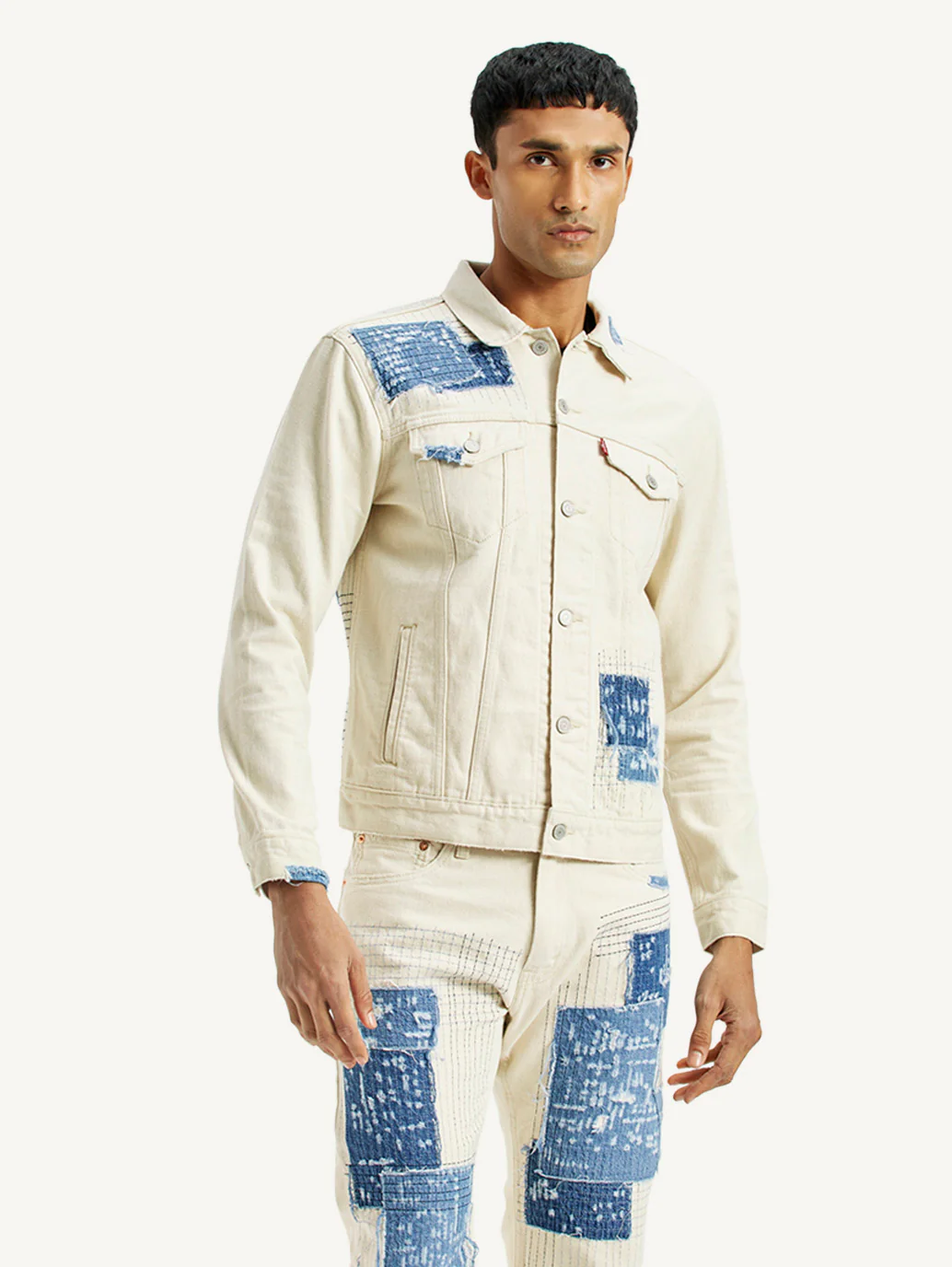 Men's Textured Off White Button Down Collar Jacket - Image 2