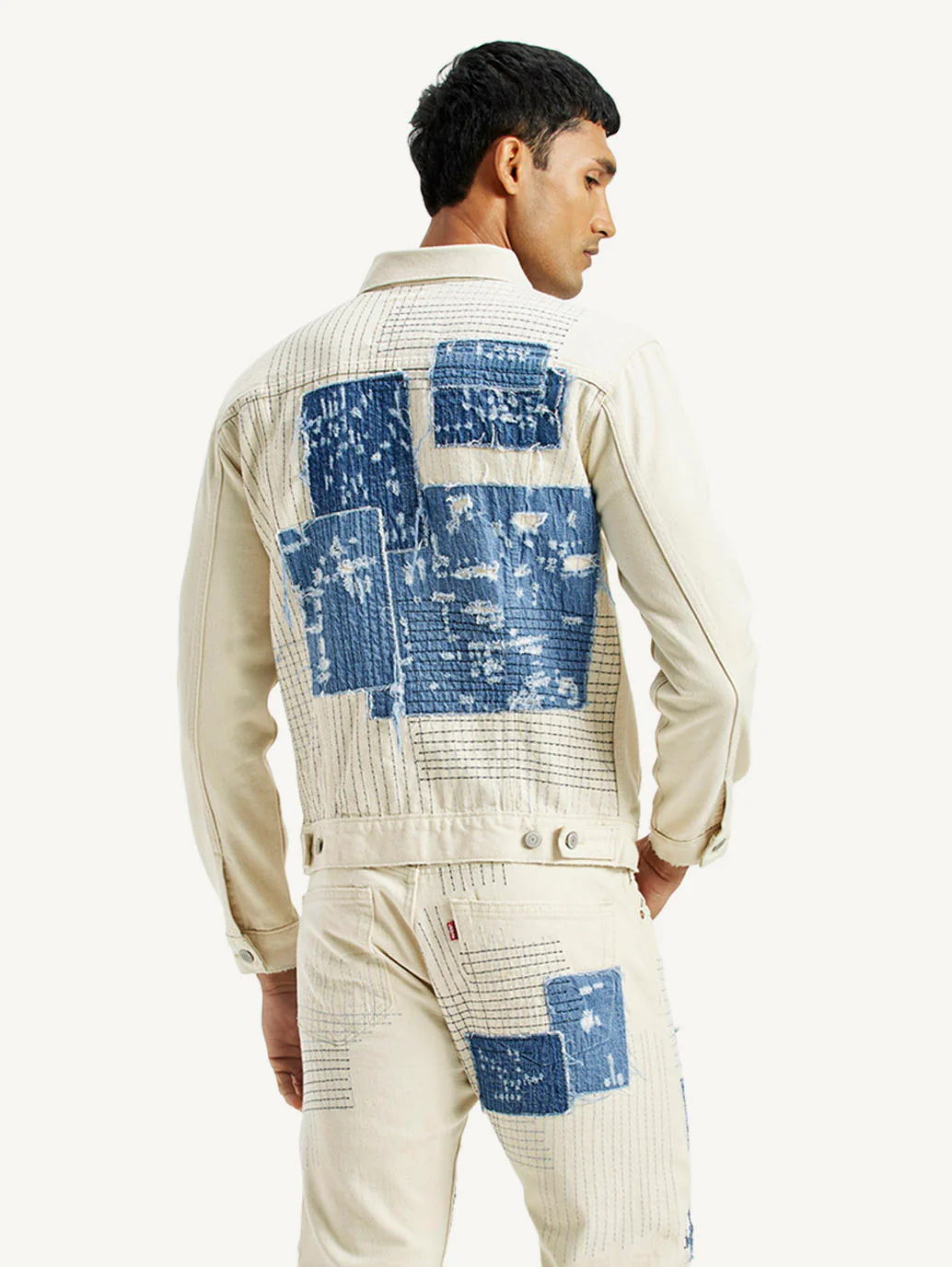 Men's Textured Off White Button Down Collar Jacket - Image 3