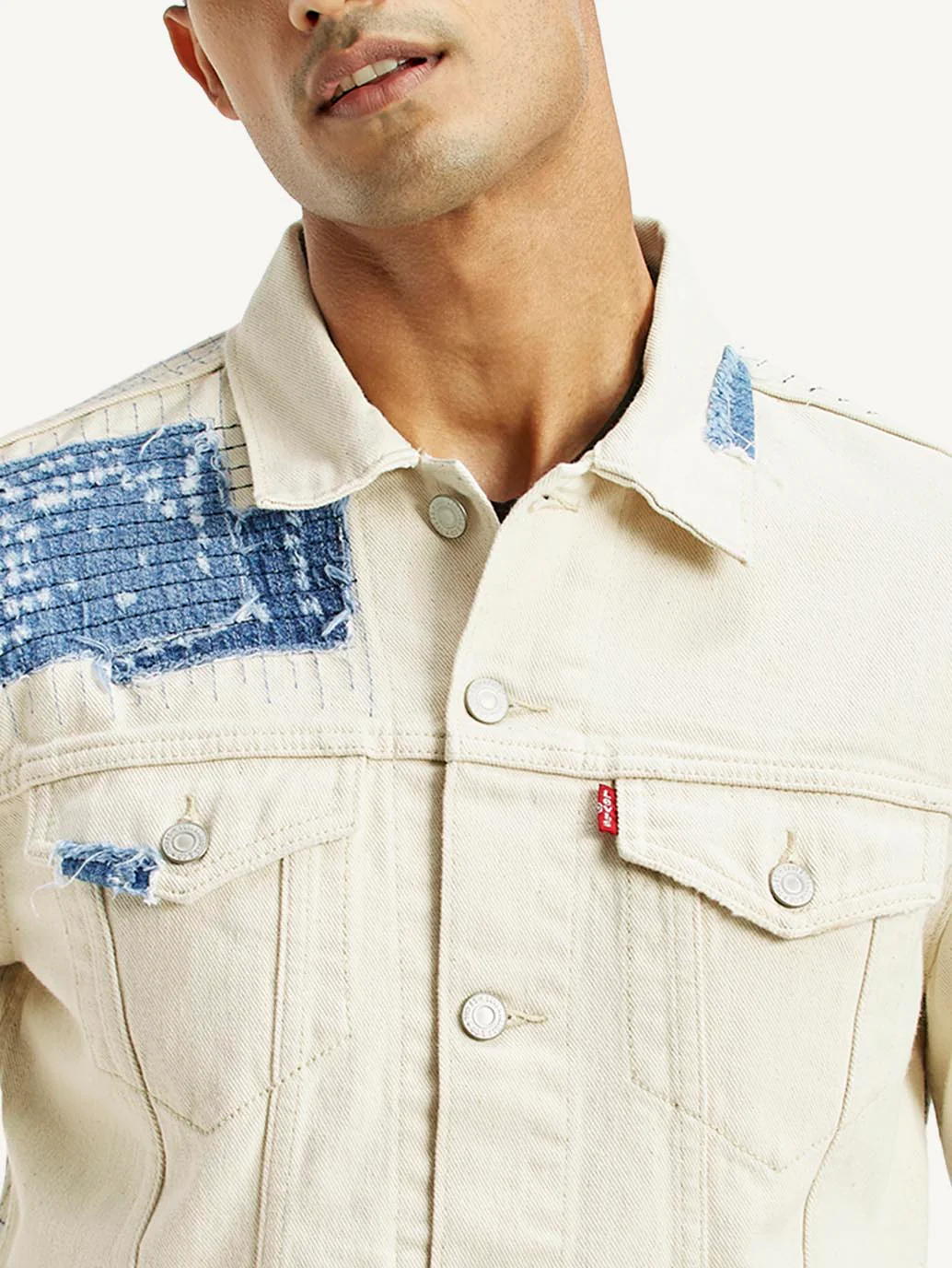Men's Textured Off White Button Down Collar Jacket - Image 4