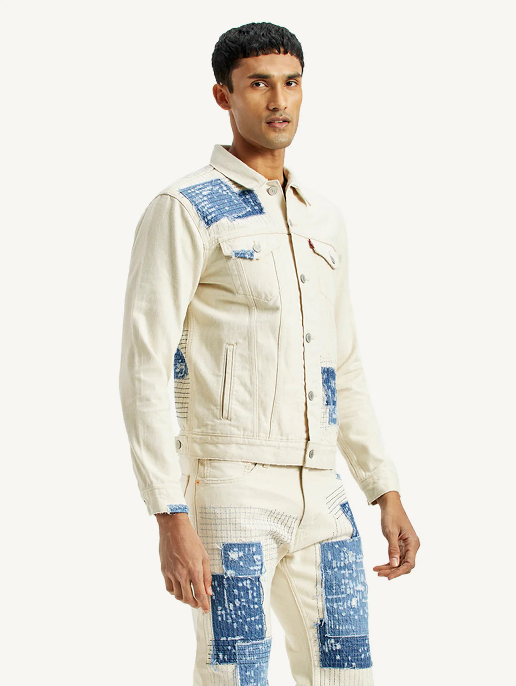 Men's Textured Off White Button Down Collar Jacket - Image 5
