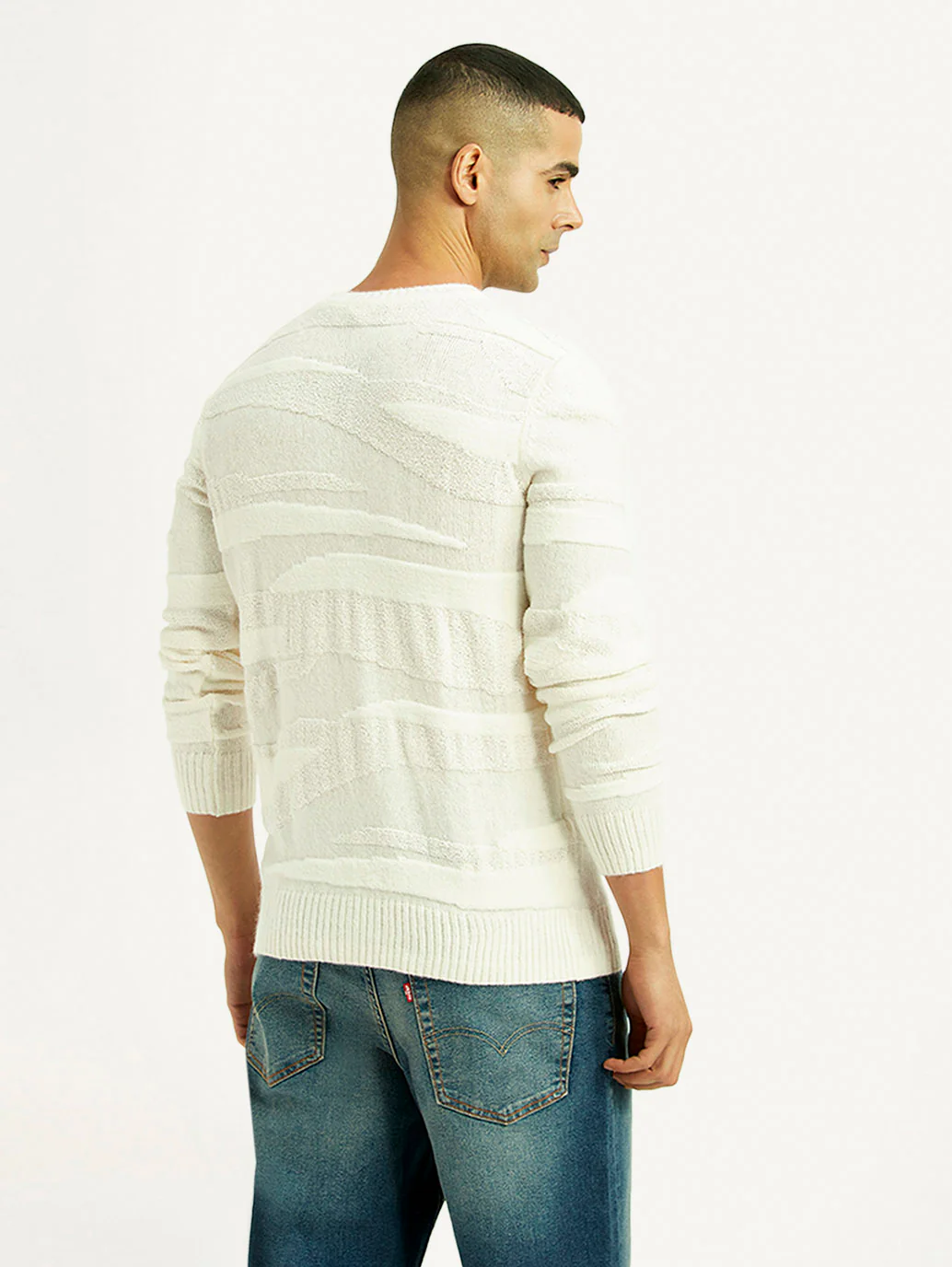 Men's Textured Off White Crew Neck Sweater - Image 2