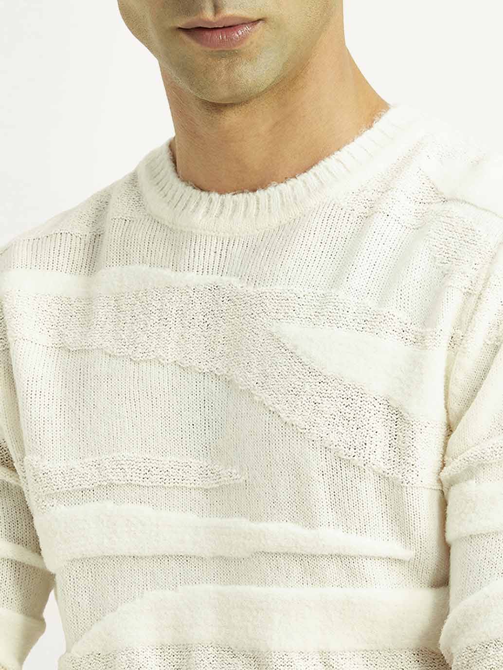 Men's Textured Off White Crew Neck Sweater - Image 3