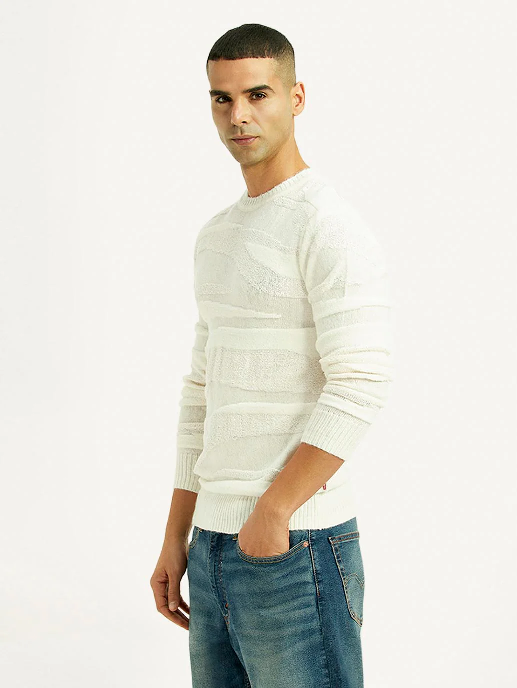 Men's Textured Off White Crew Neck Sweater - Image 4