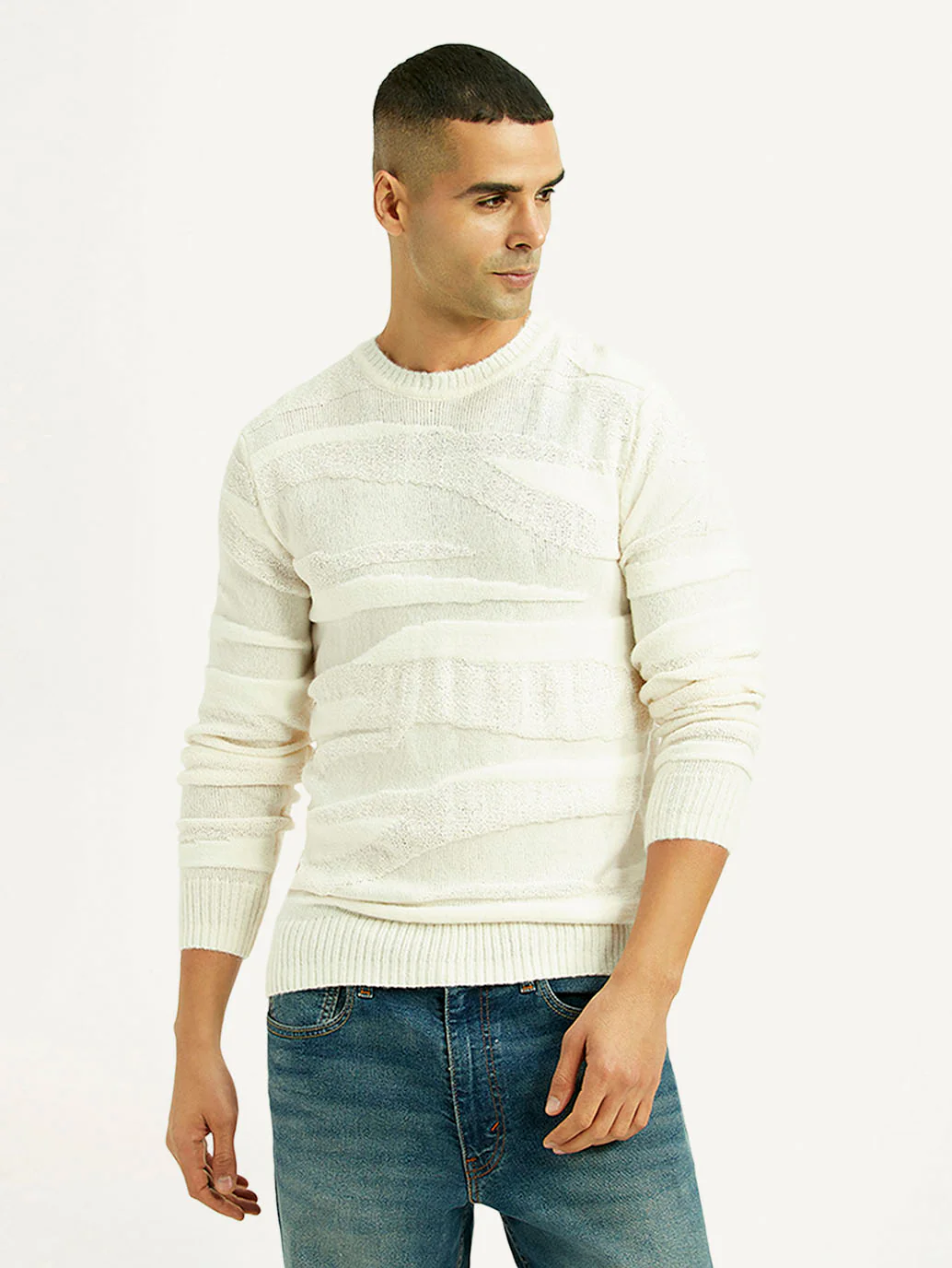 Men's Textured Off White Crew Neck Sweater - Image 5