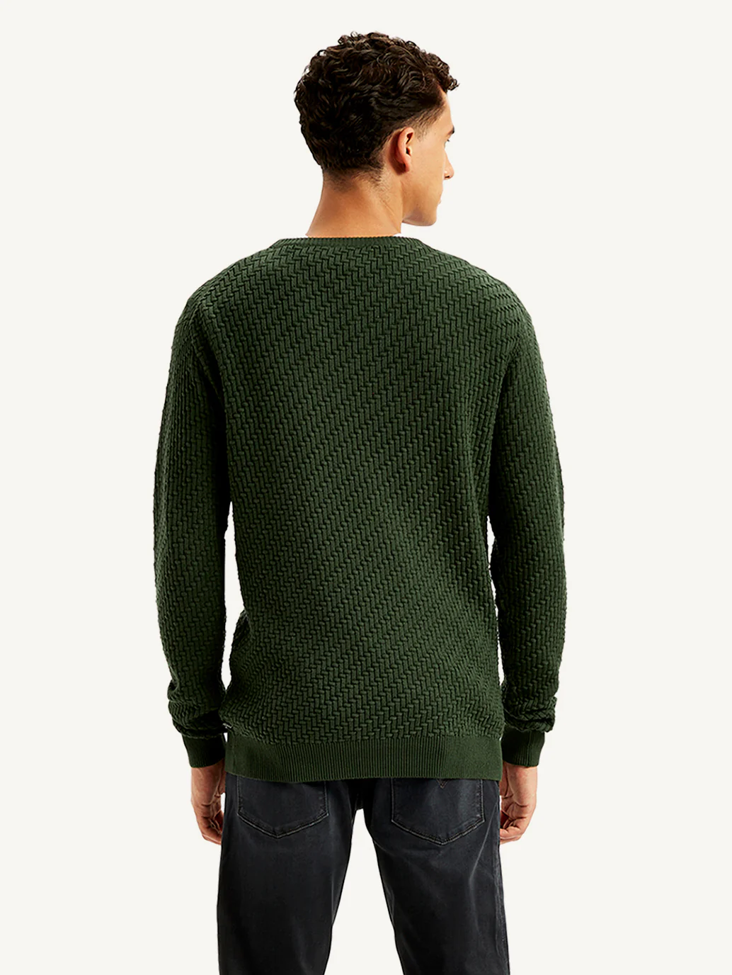 Men's Redloop Textured Olive Crew Neck Sweater - Image 3