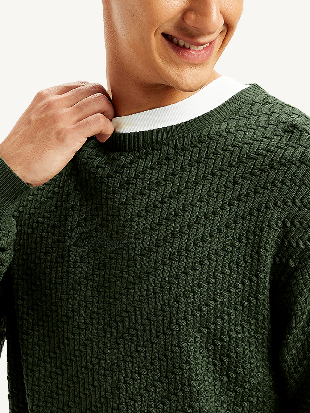 Men's Redloop Textured Olive Crew Neck Sweater - Image 4