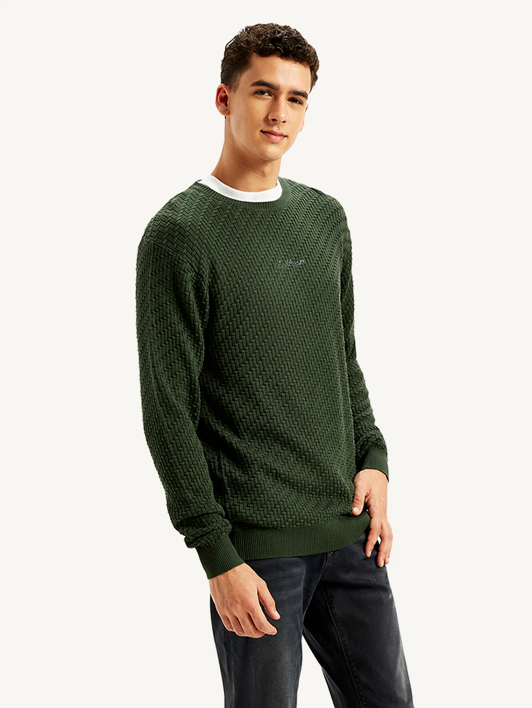 Men's Redloop Textured Olive Crew Neck Sweater - Image 5