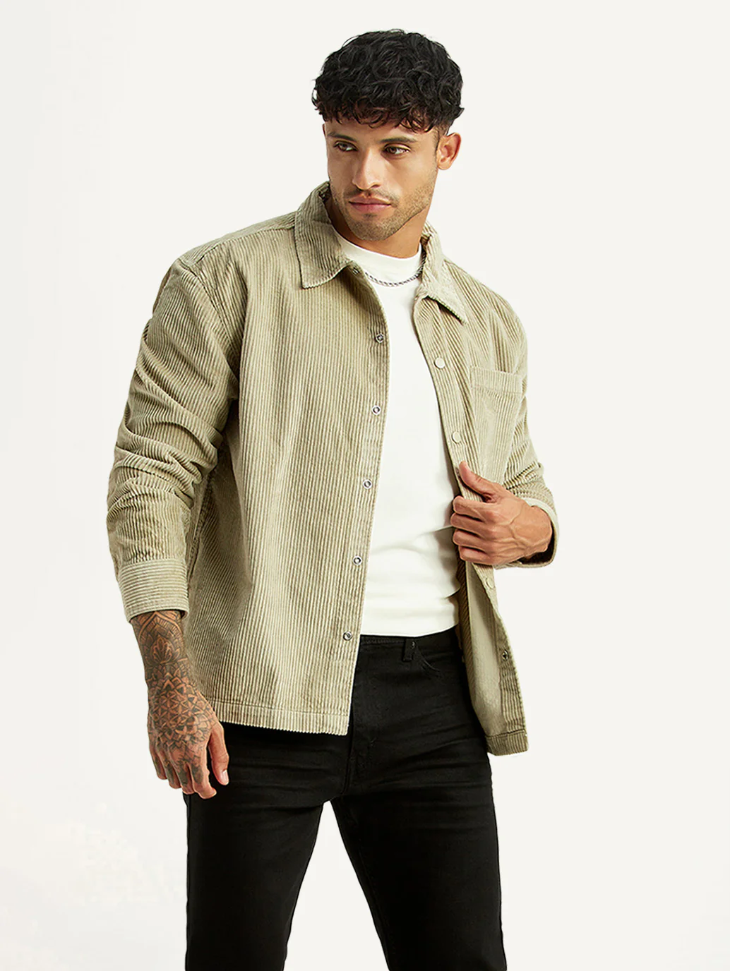 Men's Textured Green Relaxed Fit Corduroy Shirt