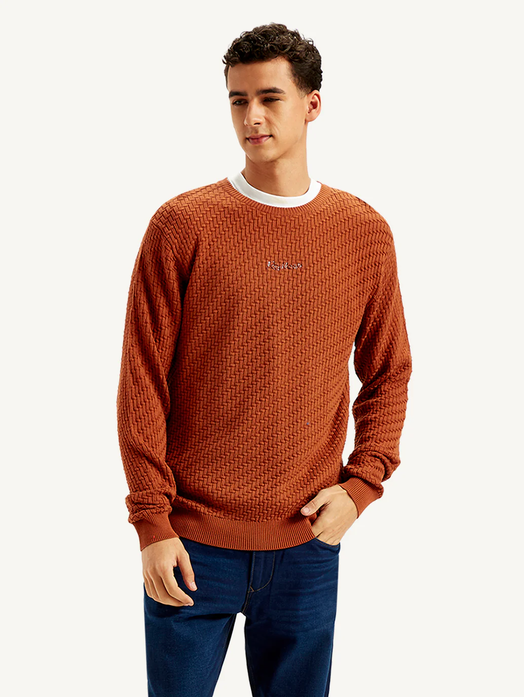 Men's Redloop Textured Rust Crew Neck Sweater - Image 2
