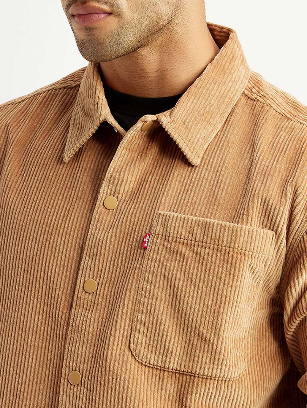 Men's Textured Tan Relaxed Fit Corduroy Shirt - Image 3